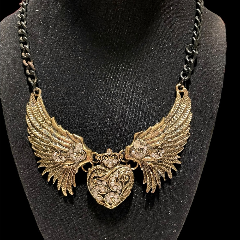 Golden Wings Around Heart Statement Necklace